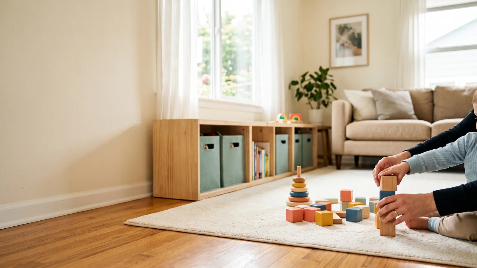 Bright play corner with wooden blocks, teal bins and parent and toddler hands stacking