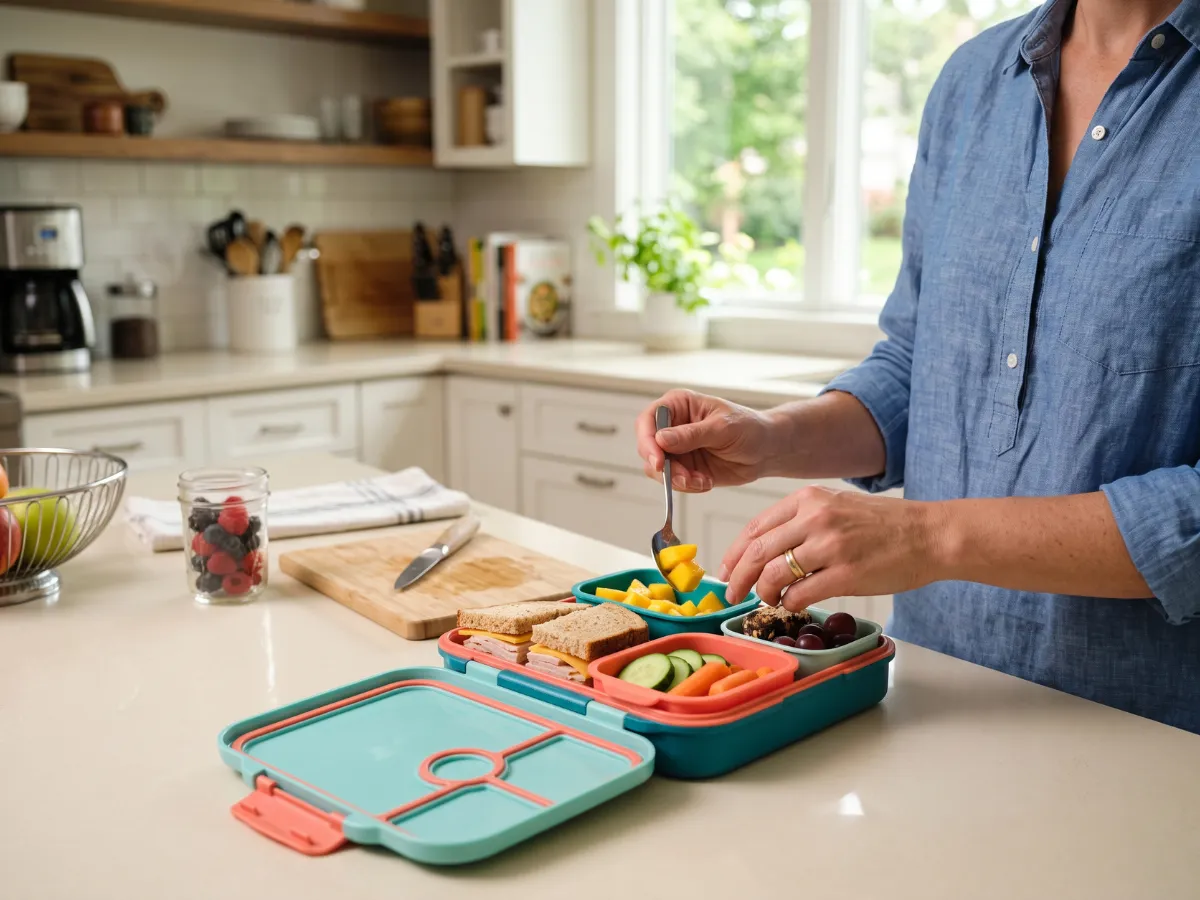 Kids lunchbox with fruit and bento boxes on bright kitchen counter