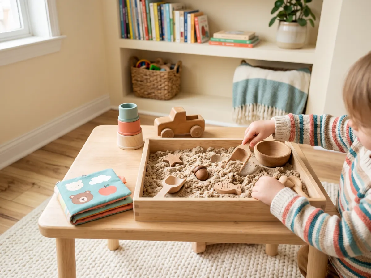 Toddler sensory play with sand tray and stacking cups on low table