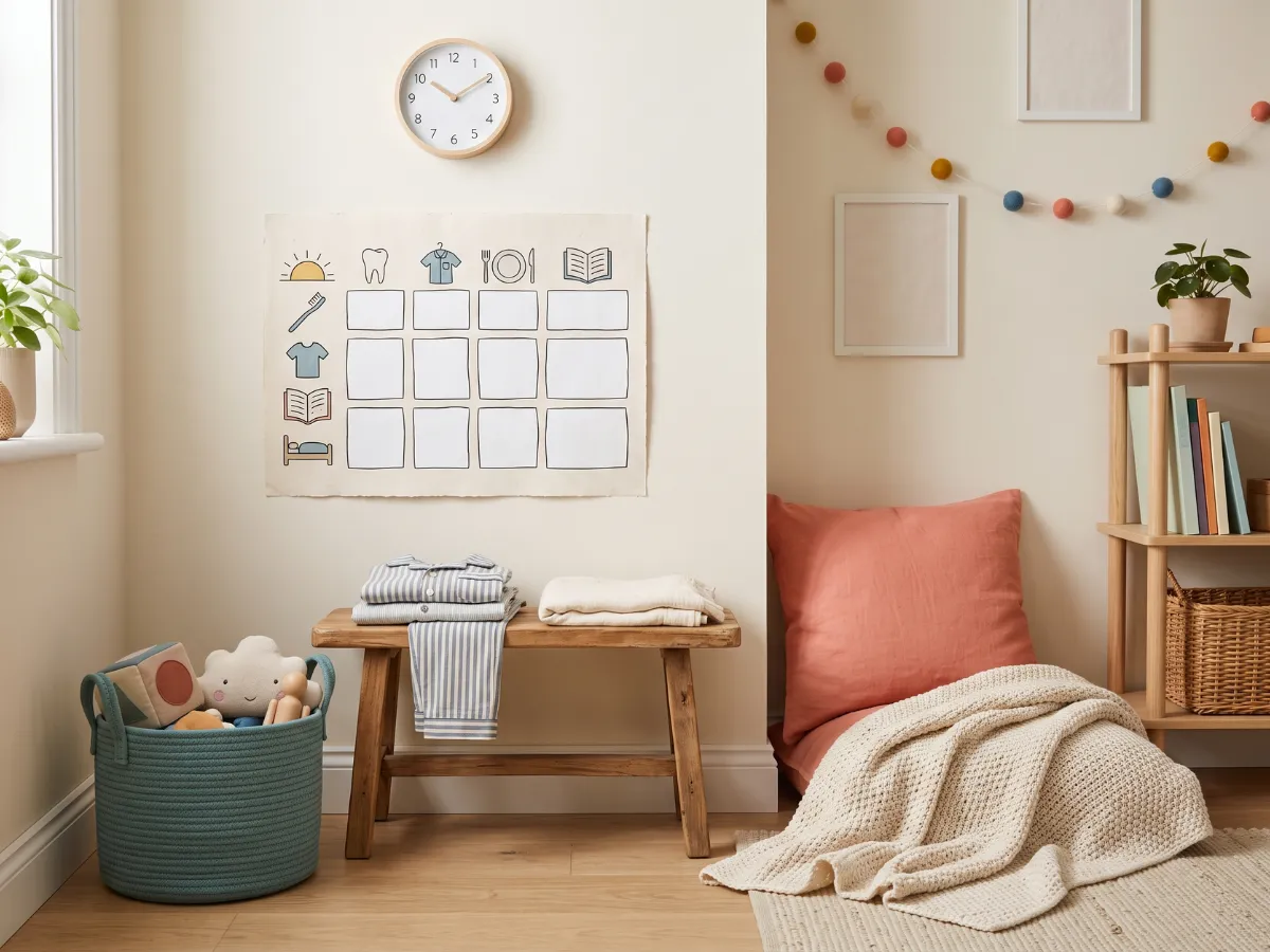 Kids bedtime routine chart wall with calm corner cushion and pajamas